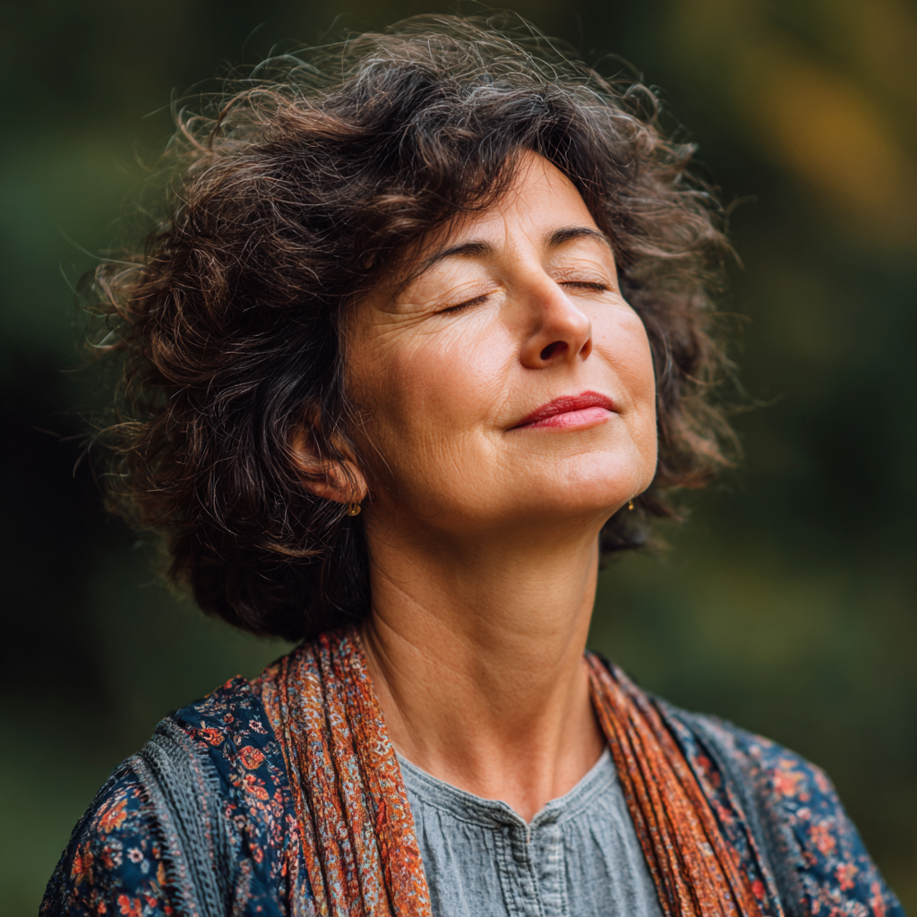 Peaceful Ukrainian woman practicing yoga in natural setting, demonstrating strength and flexibility